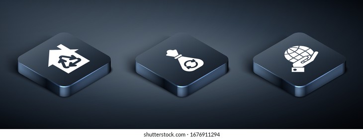Set Isometric Eco House with recycling symbol, Human hands holding Earth globe and Garbage bag with recycle icon. Vector