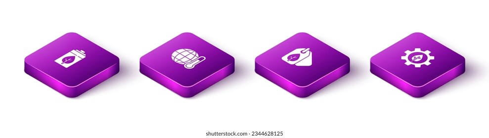 Set Isometric Eco nature leaf and battery, Global warming, Tag with and Leaf plant gear machine icon. Vector