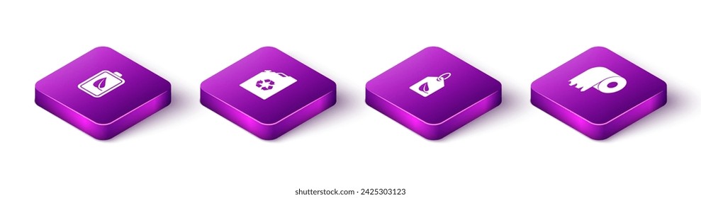 Set Isometric Eco nature leaf and battery, fuel canister, Tag with and Toilet paper roll icon. Vector