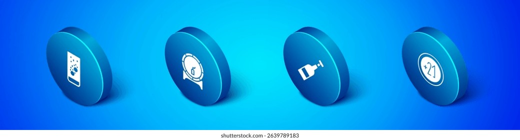 Set Isometric Effervescent tablets in water, Opened bottle of wine, Alcohol 21 plus and Wooden barrel on rack icon. Vector