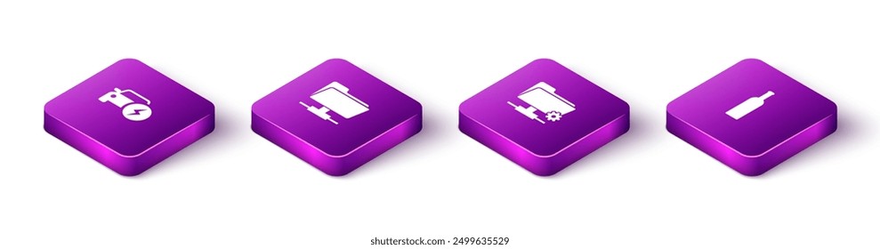 Set Isometric Electric car, FTP folder, settings and Bottle of wine icon. Vector
