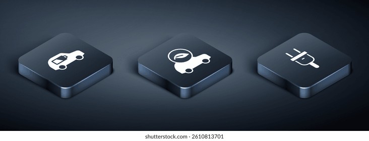 Set Isometric Electric car, plug and Eco icon. Vector