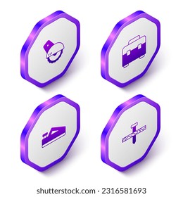 Set Isometric Electric circular saw, Toolbox, Wood plane tool and Metallic nail icon. Purple hexagon button. Vector