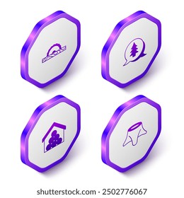 Set Isometric Electric circular saw, Tree, Wooden logs and stump icon. Purple hexagon button. Vector