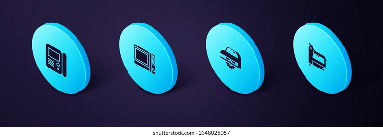 Set Isometric Electric construction stapler, circular saw, Microwave oven and House intercom system icon. Vector