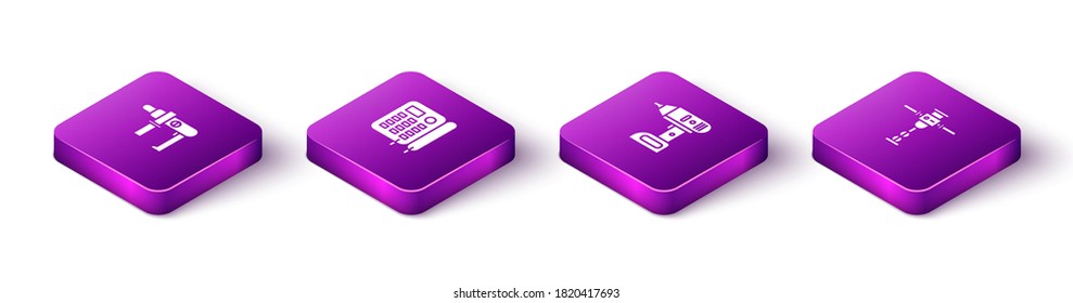 Ajuste la máquina de perforación Isometric Electric, el teléfono, el destornillador inalámbrico y el icono del jackhammer de construcción. Vector.