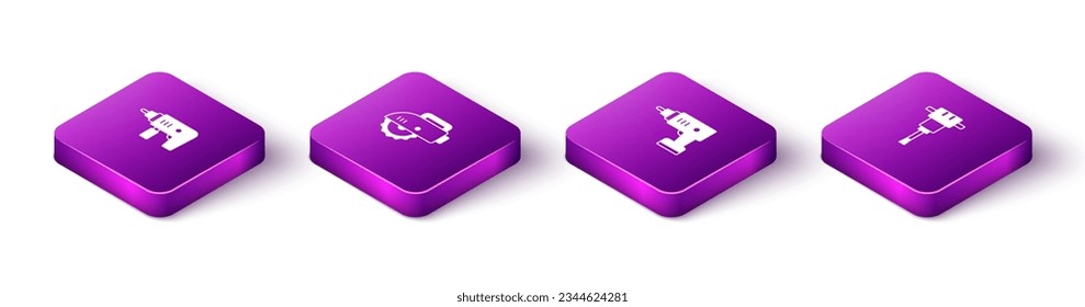 Set Isometric Electric drill machine, circular saw, cordless screwdriver and Construction jackhammer icon. Vector