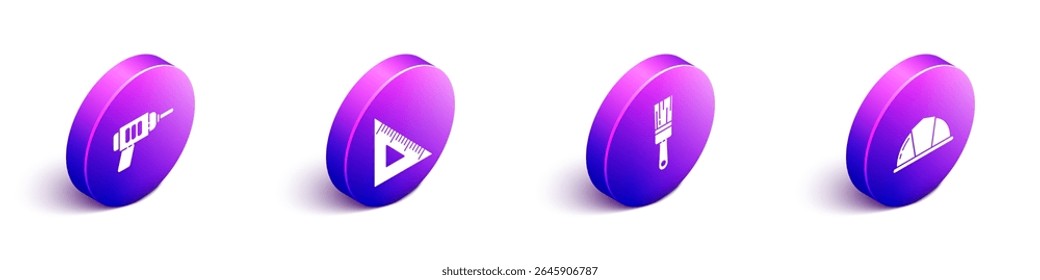 Set Isometric Electric drill machine, Triangular ruler, Paint brush and Worker safety helmet icon. Vector