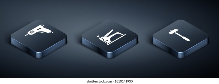 Set Isometric Electric hot glue gun, Hammer and Construction stapler icon. Vector