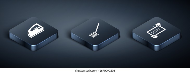 Set Isometric Electric iron , Bar of soap with foam  and Toilet brush  icon. Vector