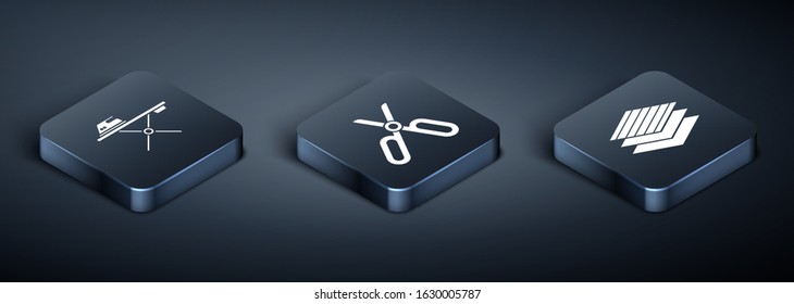 Set Isometric Electric iron and ironing board, Textile fabric roll and Scissors icon. Vector