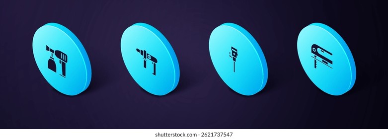 Conjunto de rompecabezas eléctrico isométrico, martillo neumático de construcción, máquina de perforación e icono de pistola de pintura. Vector
