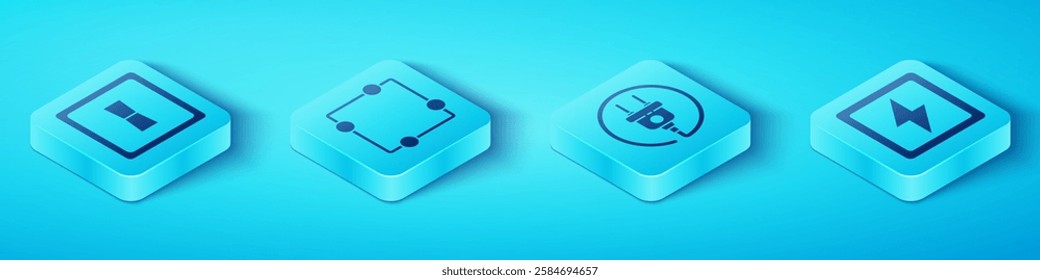 Set Isometric Electric light switch, Electric circuit scheme, Lightning bolt and Electric plug icon. Vector