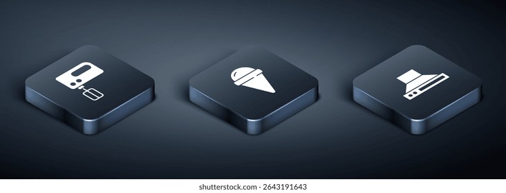 Set Isometric Electric mixer, Kitchen extractor fan and Ice cream in waffle cone icon. Vector