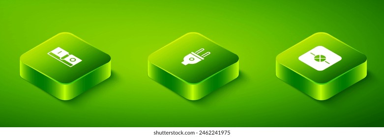Ajuste el enchufe eléctrico isométrico, la lámpara en el circuito electrónico y el icono del interruptor de la luz. Vector