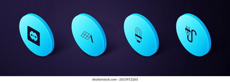 Set Isometric Electric plug, LED light bulb, Solar energy panel and Electrical outlet icon. Vector