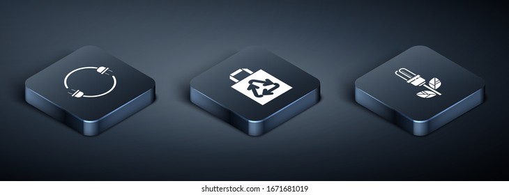 Set Isometric Electric Stecker, Glühbirne mit Blatt und Papier Einkaufstasche mit Recyclingsymbol. Vektorillustration