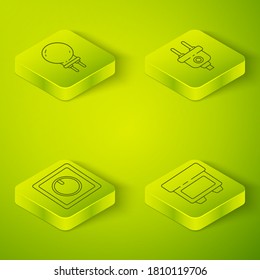 Set Isometric Electric plug, Electric light switch, Fuse and Light emitting diode icon. Vector