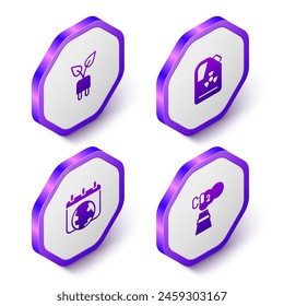 Set Isometric Electric saving plug in leaf, Radioactive waste barrel, World Earth day and CO2 emissions cloud icon. Purple hexagon button. Vector