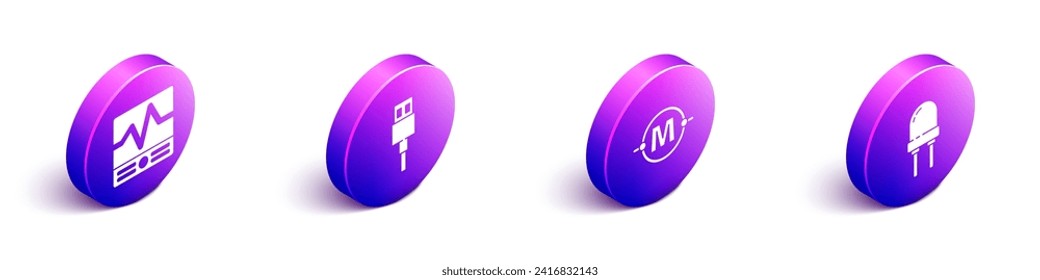Set Isometric Electrical measuring instruments, USB cable cord, Electric circuit scheme and Light emitting diode icon. Vector