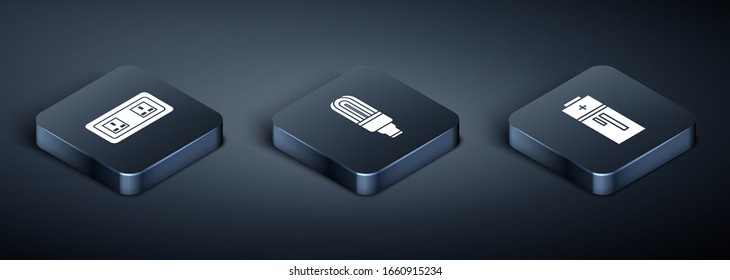 Set Isometric Electrical outlet, Battery and LED light bulb icon. Vector