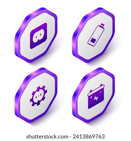Ajuste la toma eléctrica isométrica, la carga de la batería y el icono de la batería del coche. Botón hexágono púrpura. Vector