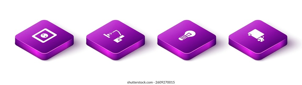 Set Isometric Electrical outlet, Robotic robot arm hand factory, Light bulb and Delivery cargo truck icon. Vector