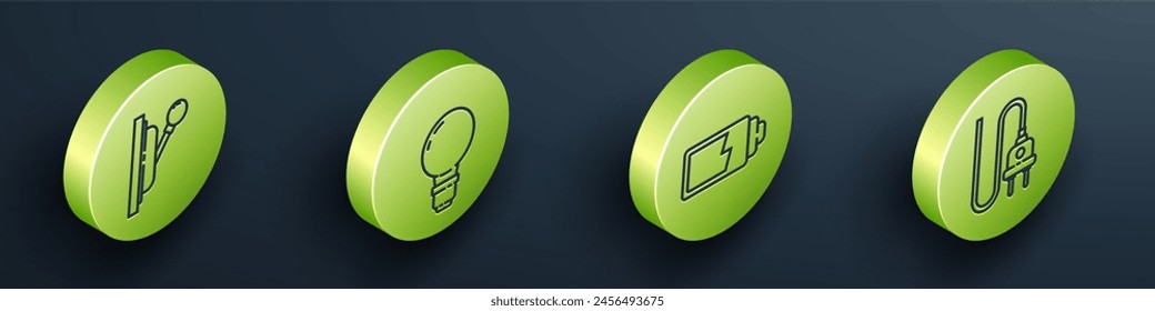 Set Isometric Electrical panel, Light bulb with concept of idea, Battery charge level indicator and Electric plug icon. Vector