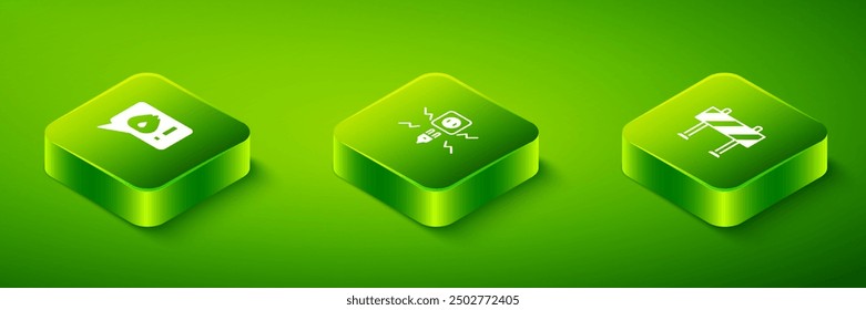 Chispa isométrica de la electricidad, barrera del camino e icono de la llamada telefónica 911. Vector