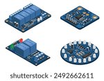 Set of isometric electronic board. Isometric printed circuit board with electronic components. Electronic components and integrated circuit board