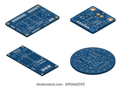 Satz von isometrischen elektronischen Karten. Isometrische Leiterplatte. Integrierte Leiterplatte. Vektorillustration