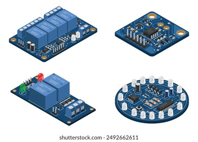 Set of isometric electronic board. Isometric printed circuit board with electronic components. Electronic components and integrated circuit board