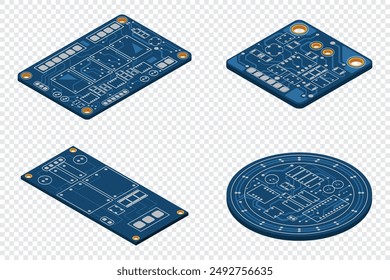 Set of isometric electronic board. Isometric printed circuit board. Integrated circuit board. Vector illustration