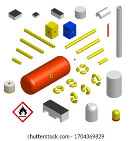 Set Of Isometric Elements For The Construction Of A Gas Pipeline And Infrastructure. Pipes, Hangars, Boiler Room. Isolated Vector On White Background