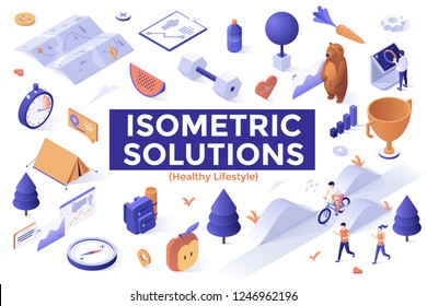 Set of isometric elements isolated on white background - sports, healthy lifestyle, cardio training, fitness workout, hiking, backpacking, adventure tourism and travel. Creative vector illustration.