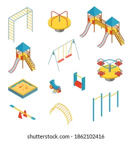 Set of isometric elements for kid playground on white background, vector illustration