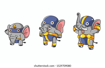 set of isometric elephant hero character evolution illustration, elephant hero mascot character with white background vector. isometric design vector illustration. 