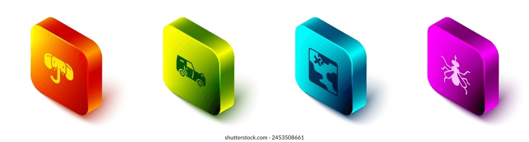 Set Isometric Elephant, Off road car, Africa safari map and Mosquito icon. Vector