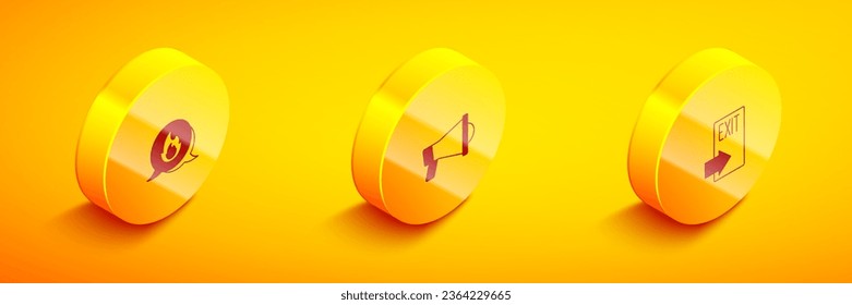 Set Isometric Emergency call, Megaphone and Fire exit icon. Vector