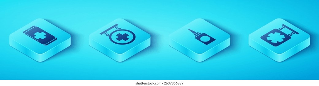 Set Isometric Emergency mobile phone call to hospital, Hospital signboard, Medical symbol of the Emergency and Bottle nasal spray icon. Vector