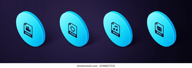 Set Isometric EML file document, WAV, RAW and MOV icon. Vector