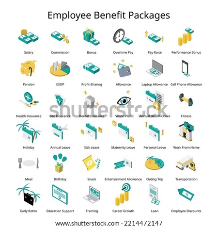 Set of isometric Employee Benefit package for employee icon