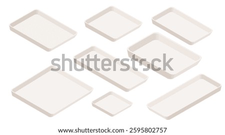 Set of isometric empty trays. Various sizes trays. Beige plastic serving plate. Simple isometric view. Vector illustration isolated on white background.