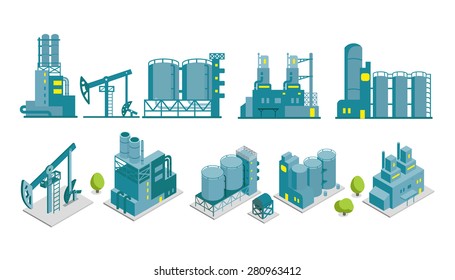 Set of isometric end 2D flat factory illustration oil production building industry