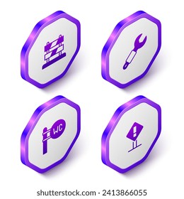 Set Isometric End of railway tracks, Wrench spanner, Toilet and Exclamation mark in square icon. Purple hexagon button. Vector