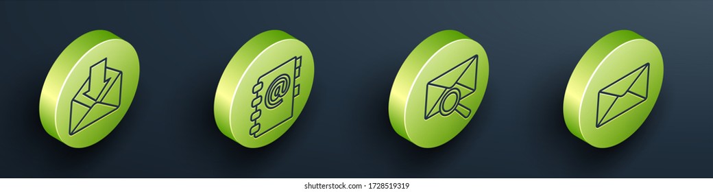 Set Isometric Envelope, Address book, Envelope with magnifying glass and Envelope icon. Vector