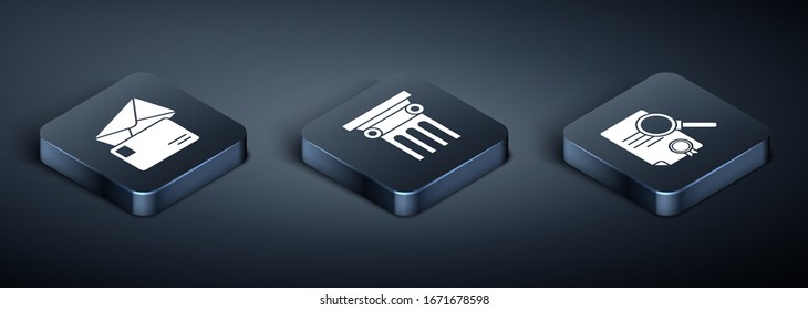 Set Isometric Envelope, Document with search and Law pillar icon. Vector