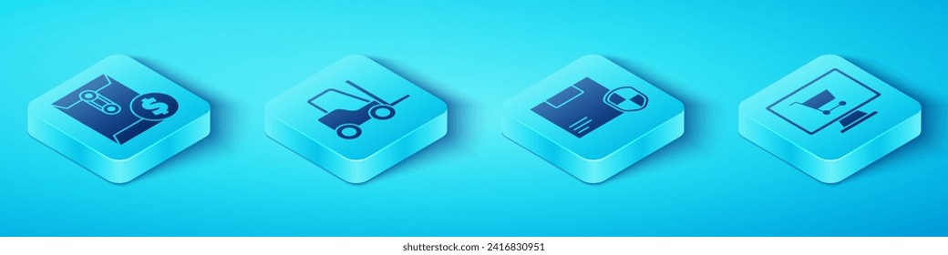 Set Isometric Envelope with dollar symbol, Forklift truck, Shopping cart on computer and Delivery security with shield icon. Vector