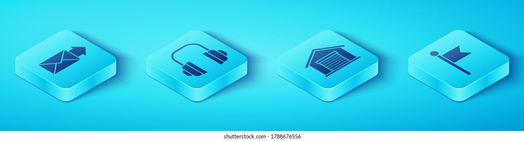 Establece el icono de sobre isométrico, audífonos, marcador de ubicación e icono de almacén. Vector