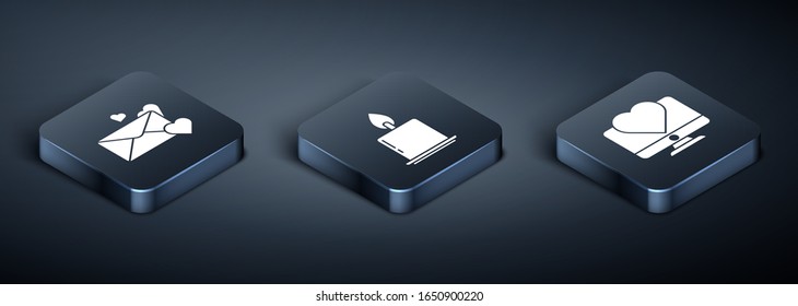 Set Isometric Envelope with heart, Computer monitor with heart and Burning candle icon. Vector